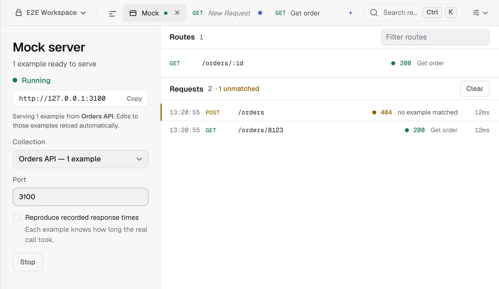 The Mock server panel serving a collection’s examples on localhost